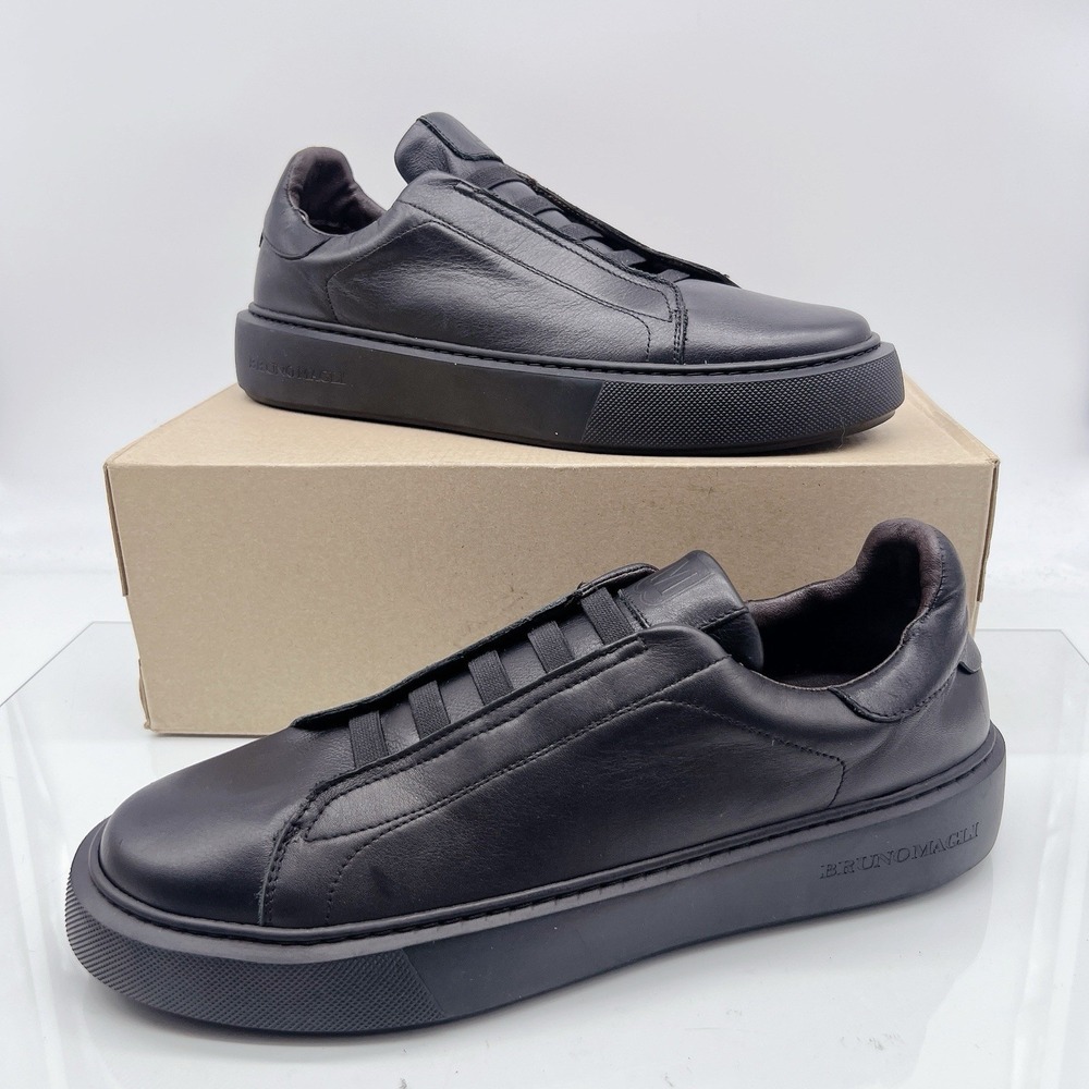 Bruno Magli Lisbon Men's Fashion Sneakers Black Leather Slip On EU 44.5 US 11.5